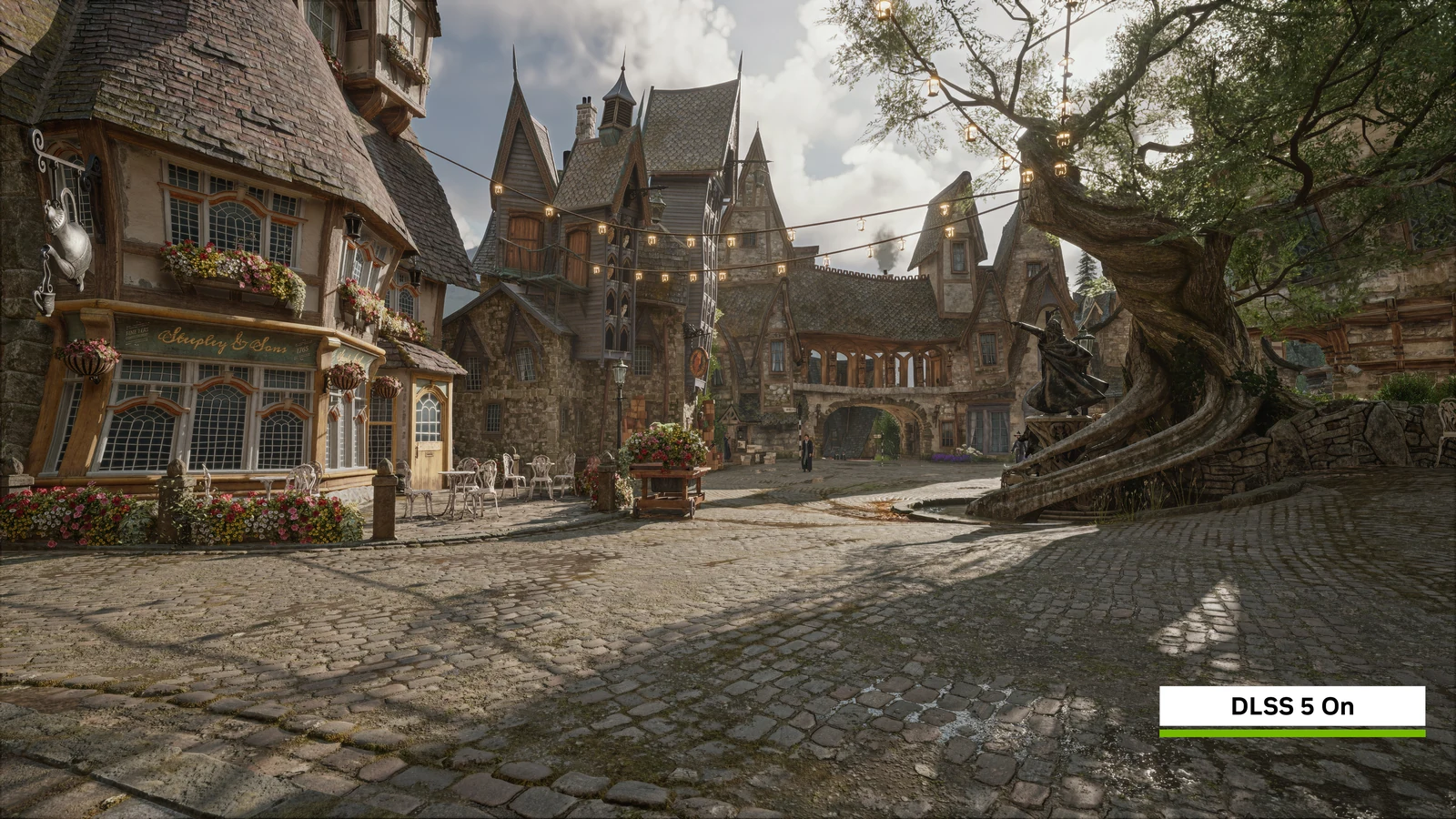 Comparação promocional de Hogwarts Legacy com DLSS 5 ativado, divulgada pela NVIDIA
