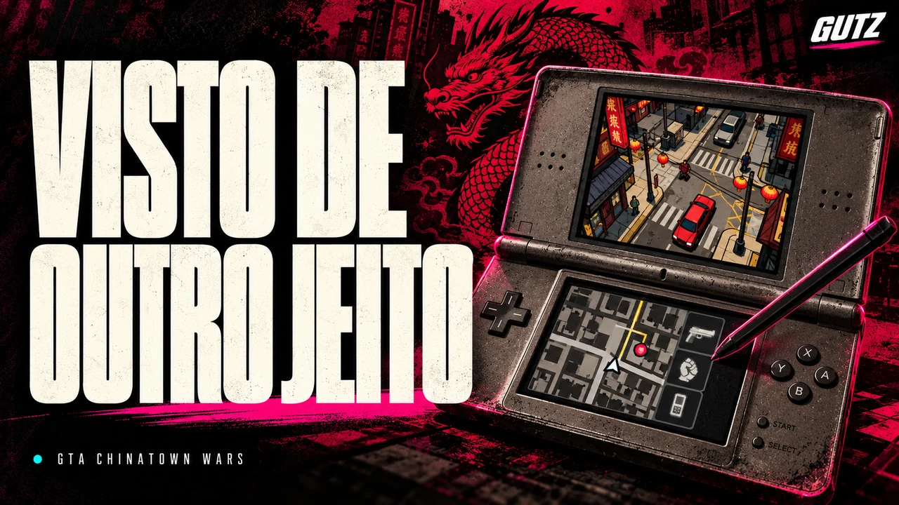 Ilustração editorial GUTZ sobre GTA Chinatown Wars, com o título da capa em destaque.