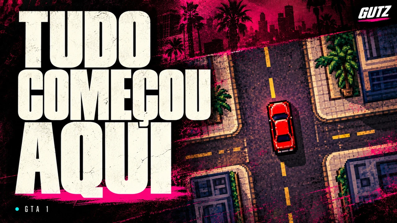 Ilustração editorial GUTZ sobre GTA 1, com o título da capa em destaque.