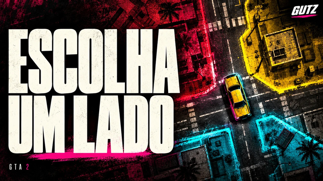 Ilustração editorial GUTZ sobre GTA 2, com o título da capa em destaque.