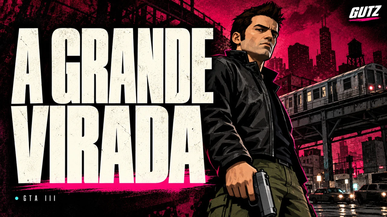 Ilustração editorial GUTZ sobre GTA III, com o título da capa em destaque.