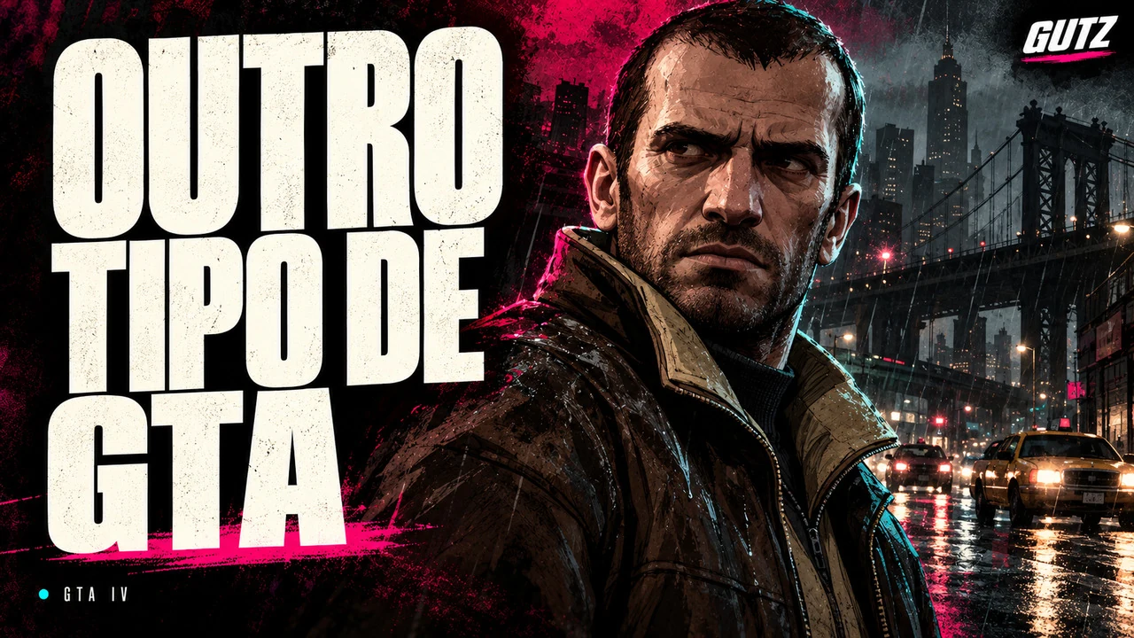 Ilustração editorial GUTZ sobre GTA IV, com o título da capa em destaque.