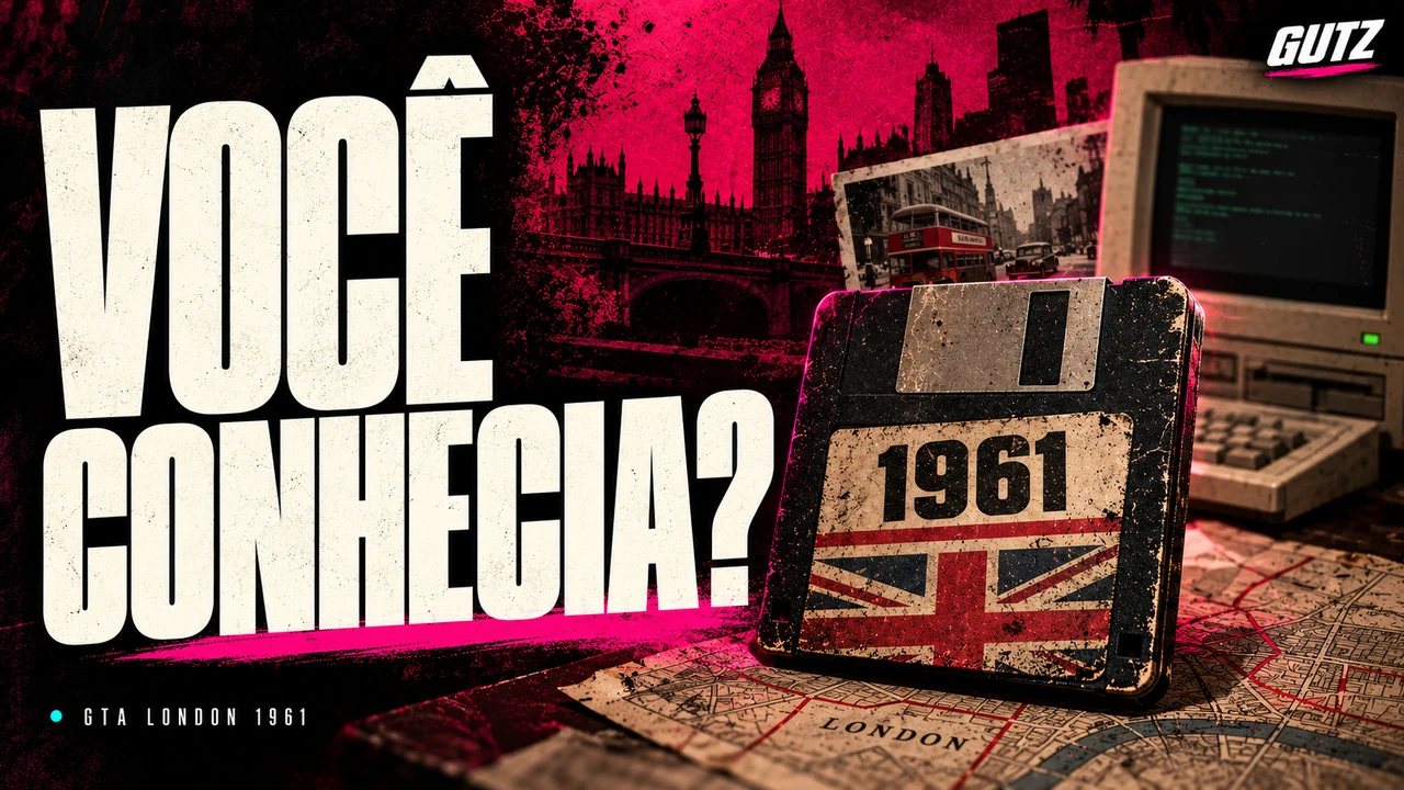Ilustração editorial GUTZ sobre GTA London 1961, com o título da capa em destaque.