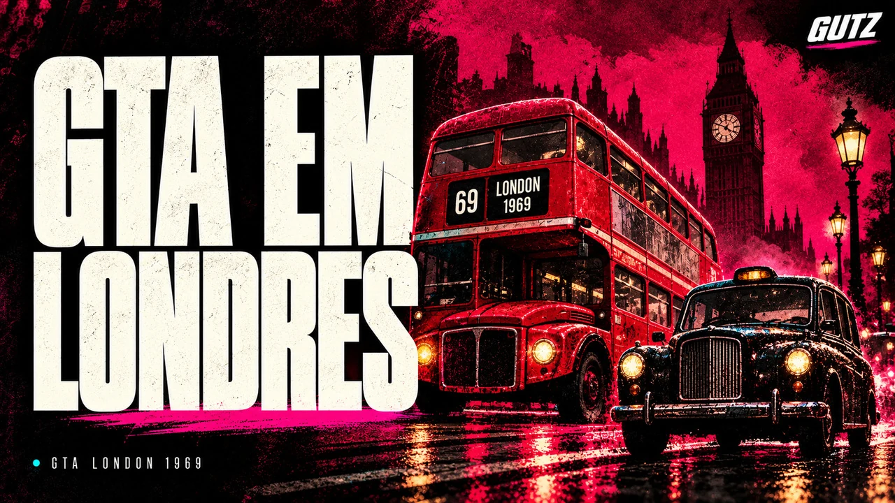 Ilustração editorial GUTZ sobre GTA London 1969, com o título da capa em destaque.