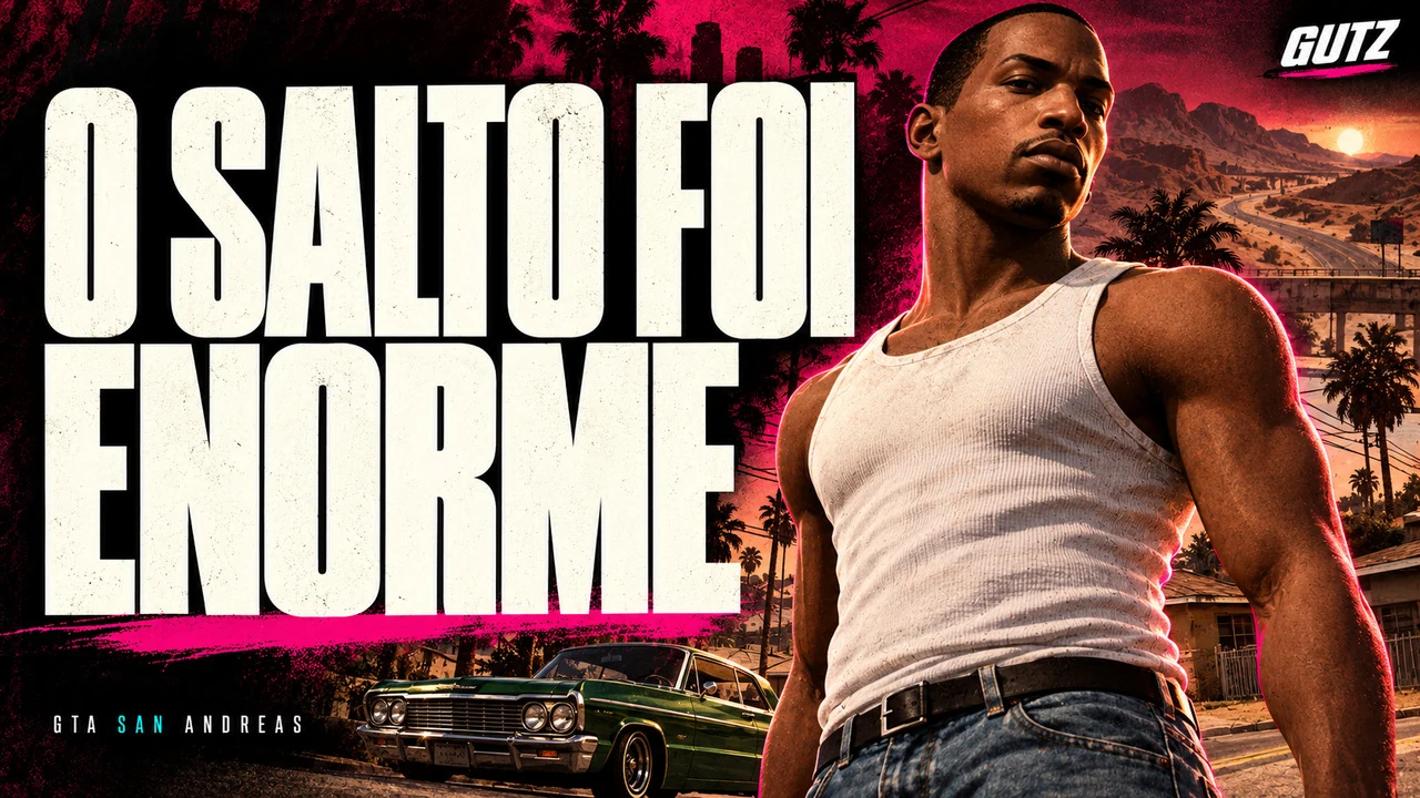 Ilustração editorial GUTZ sobre GTA San Andreas, com o título da capa em destaque.