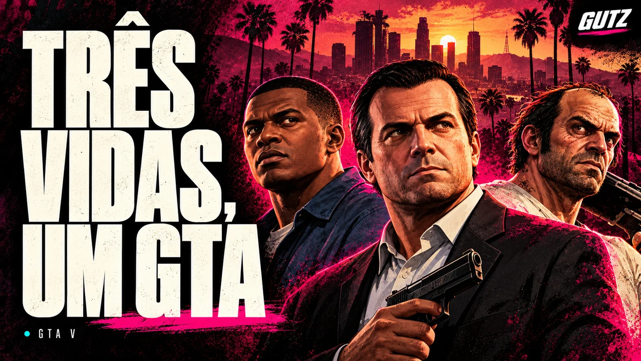 Ilustração editorial GUTZ sobre GTA V, com o título da capa em destaque.