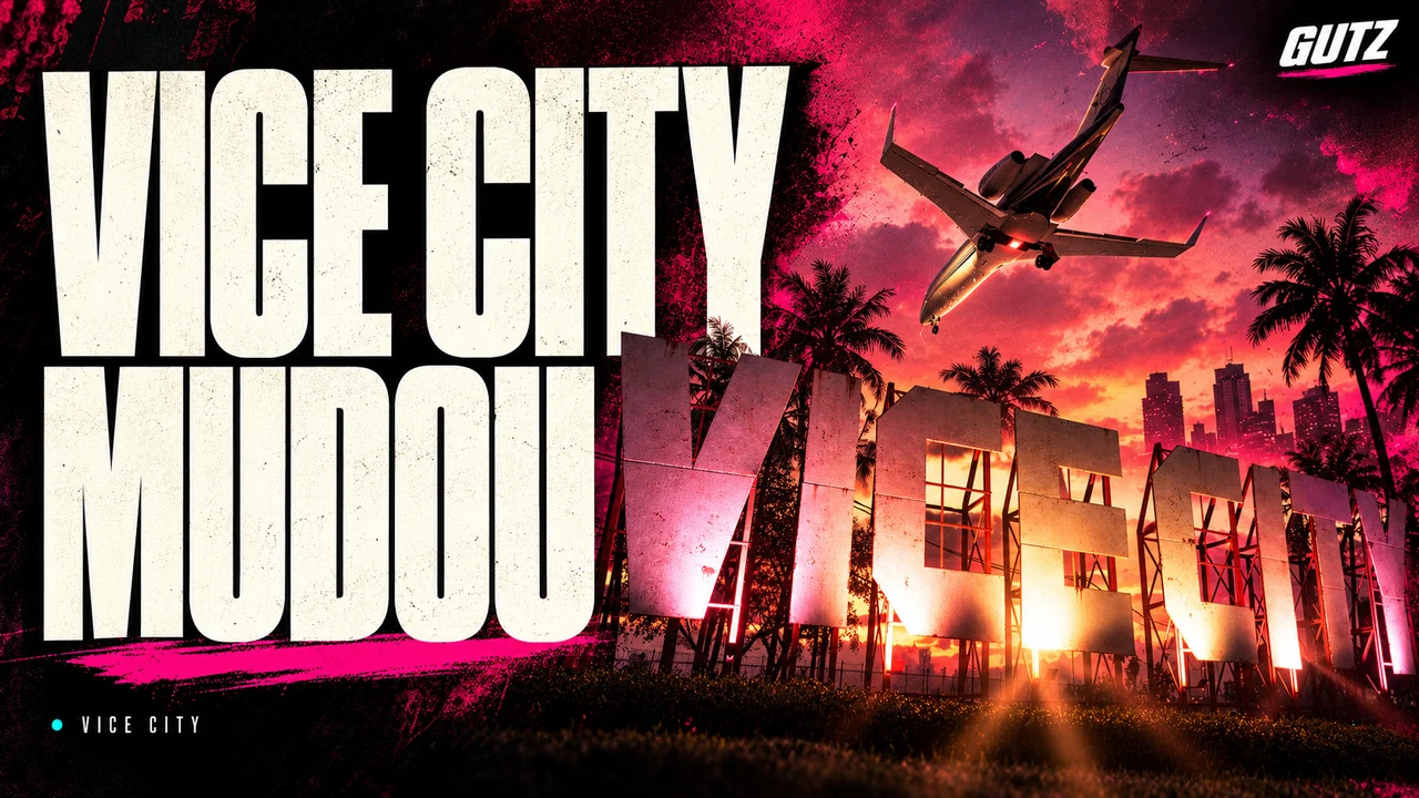Ilustração editorial GUTZ sobre Vice City, com o título da capa em destaque.