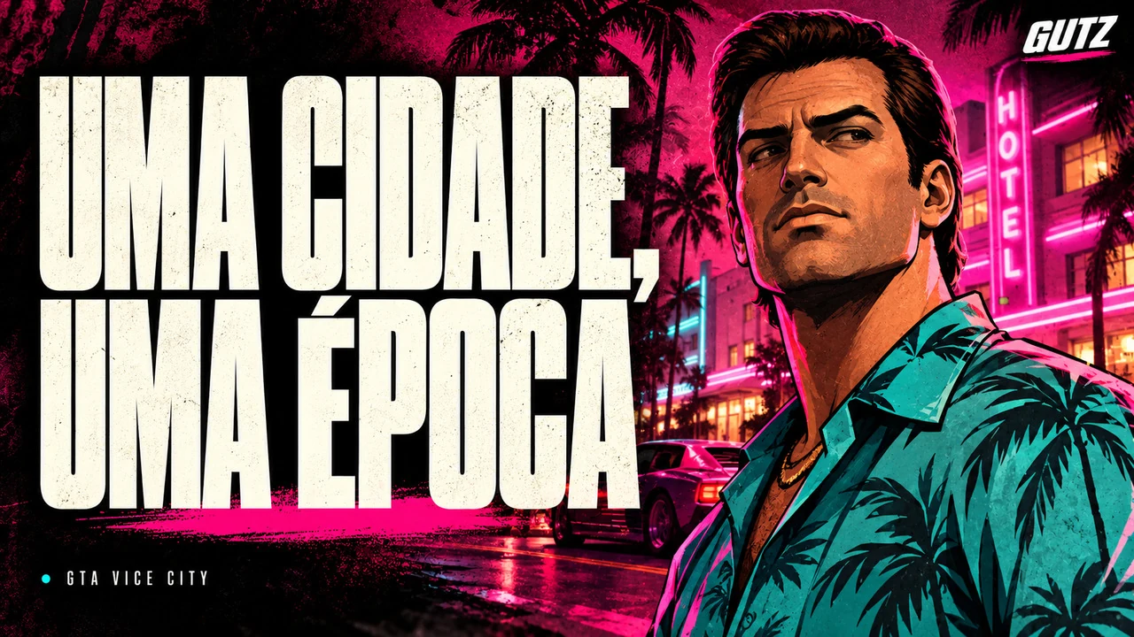 Ilustração editorial GUTZ sobre GTA Vice City, com o título da capa em destaque.