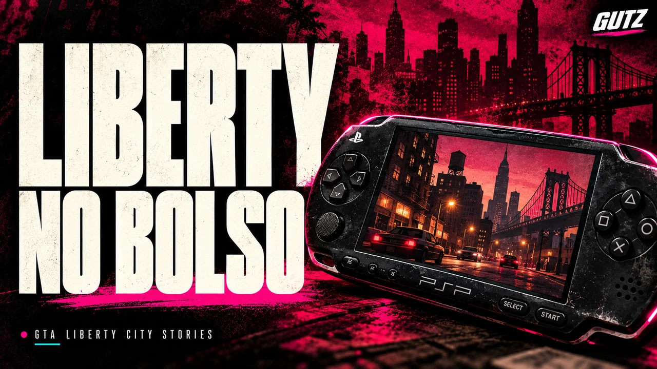 Ilustração editorial GUTZ sobre GTA Liberty City Stories, com o título da capa em destaque.